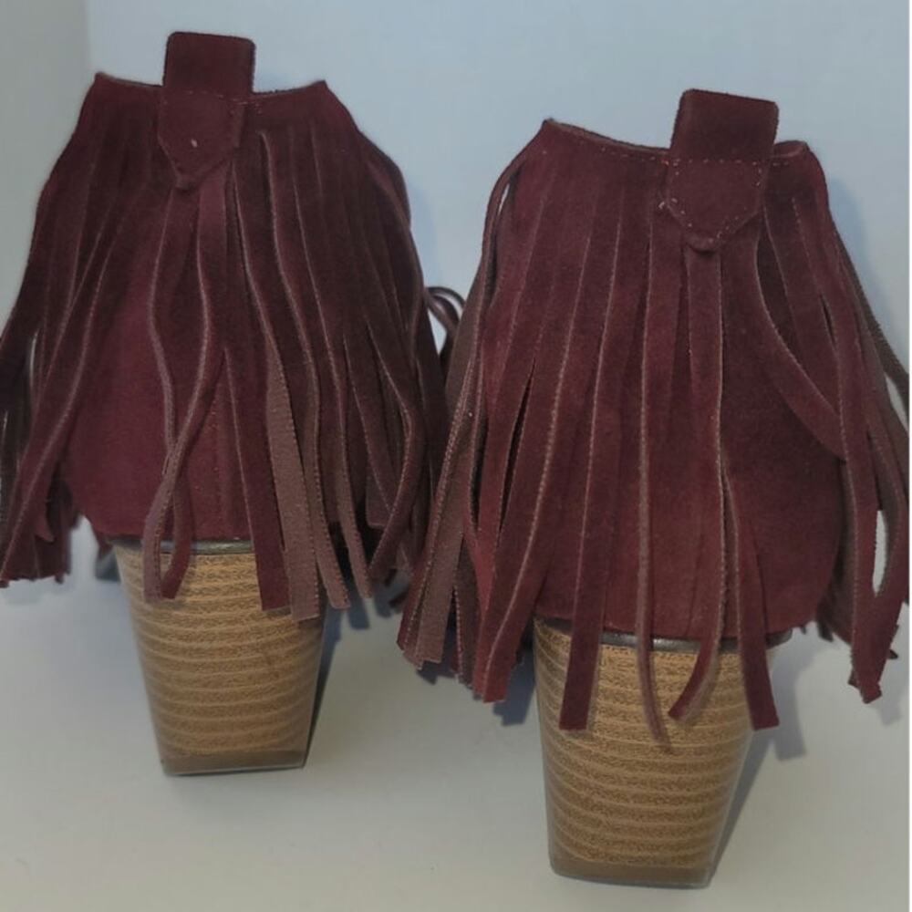 Wild G Maroon Fringe Ankle Booties Faux Suede Slip-on Size 9 Festival Boho - Picture 6 of 8